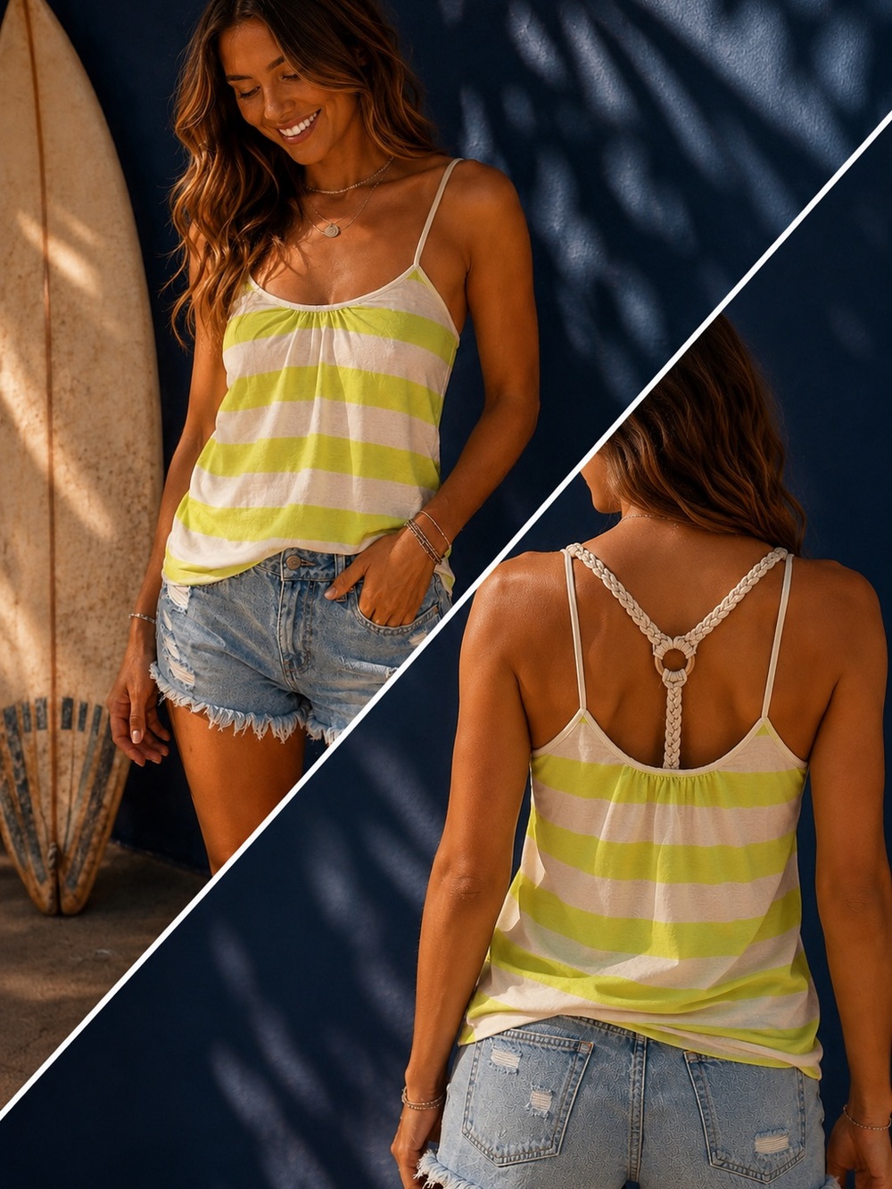 Lagaci | Neon Yellow Striped Crochet Halter Tank Top | Y2K Beach